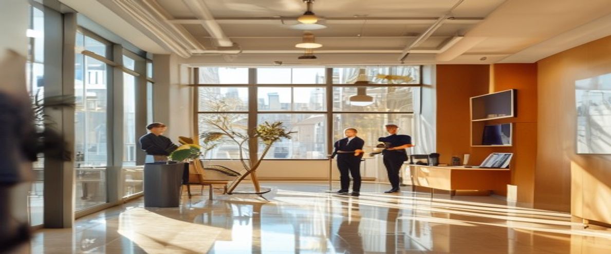 Équipe de nettoyage professionnelle dans un bureau parisien moderne